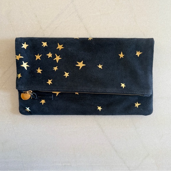 Clare V. Margot Foldover Clutch Dark Navy Suede Gold Star Print